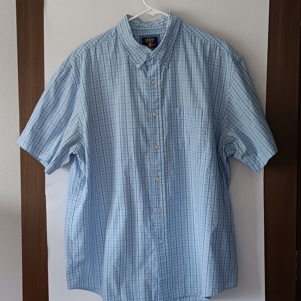 ARROW Blue Plaid Short Sleeved Button Down Shirt Size XL